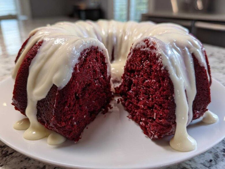 A moist red velvet bundt cake, cut in half, generously topped with dripping white cream cheese glaze.