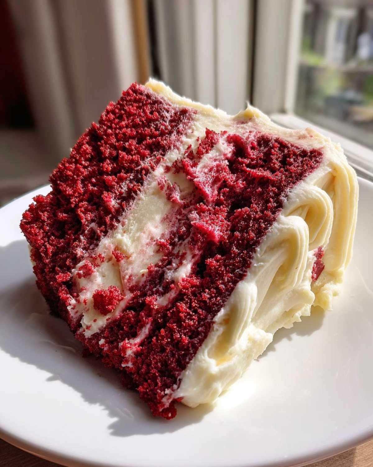 Close-up of a moist slice of red velvet cake layered and frosted with thick cream cheese icing.