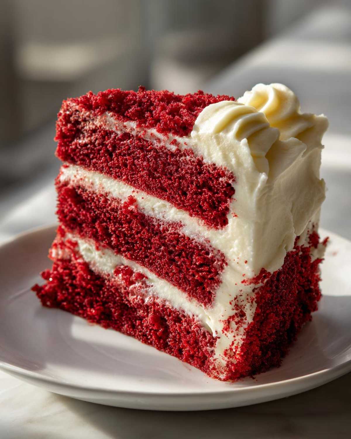 A close-up of a tall, moist slice of red velvet cake layered with white cream cheese frosting.
