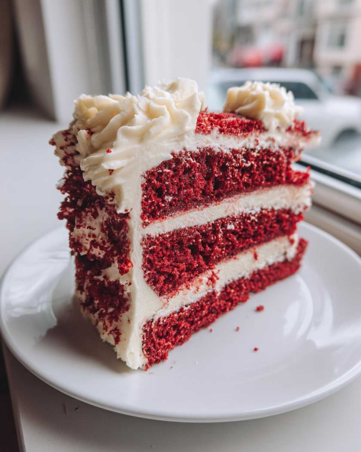 A tall slice of moist red velvet cake with three layers of red cake and cream cheese frosting, sitting on a white plate.