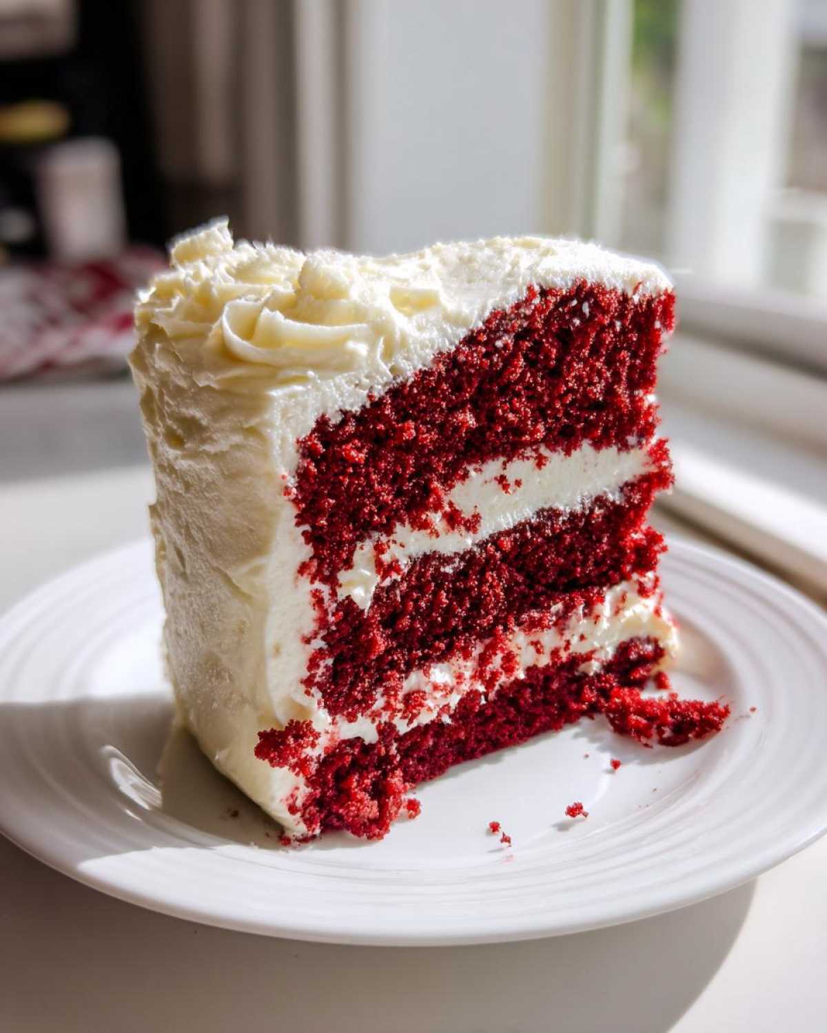 A tall, moist slice of red velvet cake with thick layers of white cream cheese frosting, sitting on a white plate.