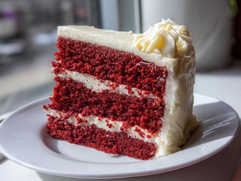 A tall, moist slice of red velvet cake layered with white cream cheese frosting, sitting on a white plate.