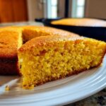 A close-up of a slice of golden, moist skillet cornbread served on a white plate, with the rest of the cornbread in the cast iron skillet blurred in the background.