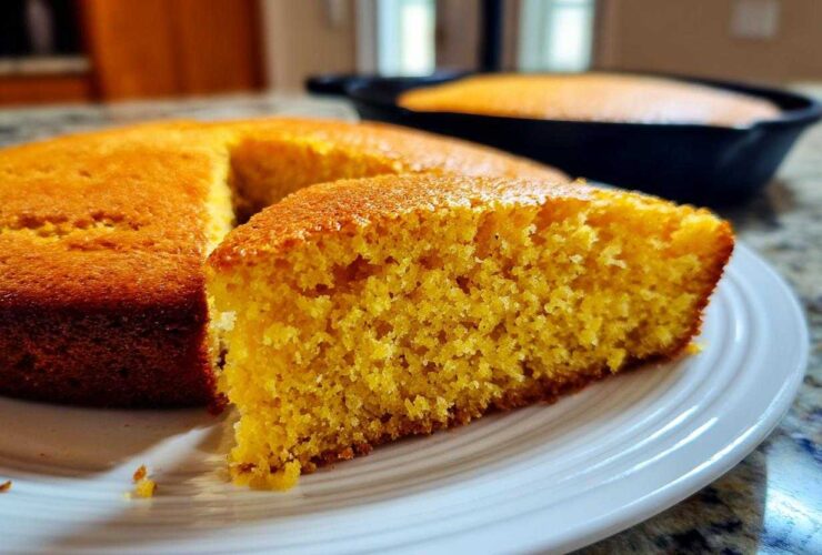 A close-up of a slice of golden, moist skillet cornbread served on a white plate, with the rest of the cornbread in the cast iron skillet blurred in the background.