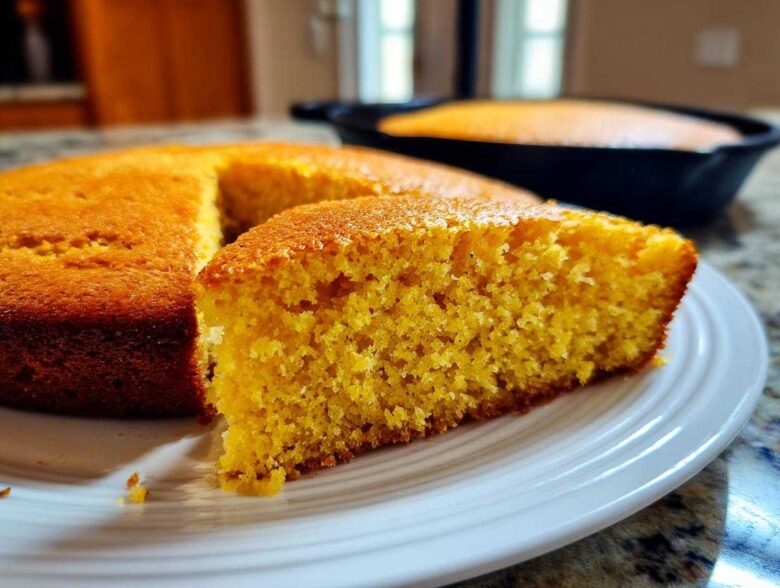 A close-up of a slice of golden, moist skillet cornbread served on a white plate, with the rest of the cornbread in the cast iron skillet blurred in the background.