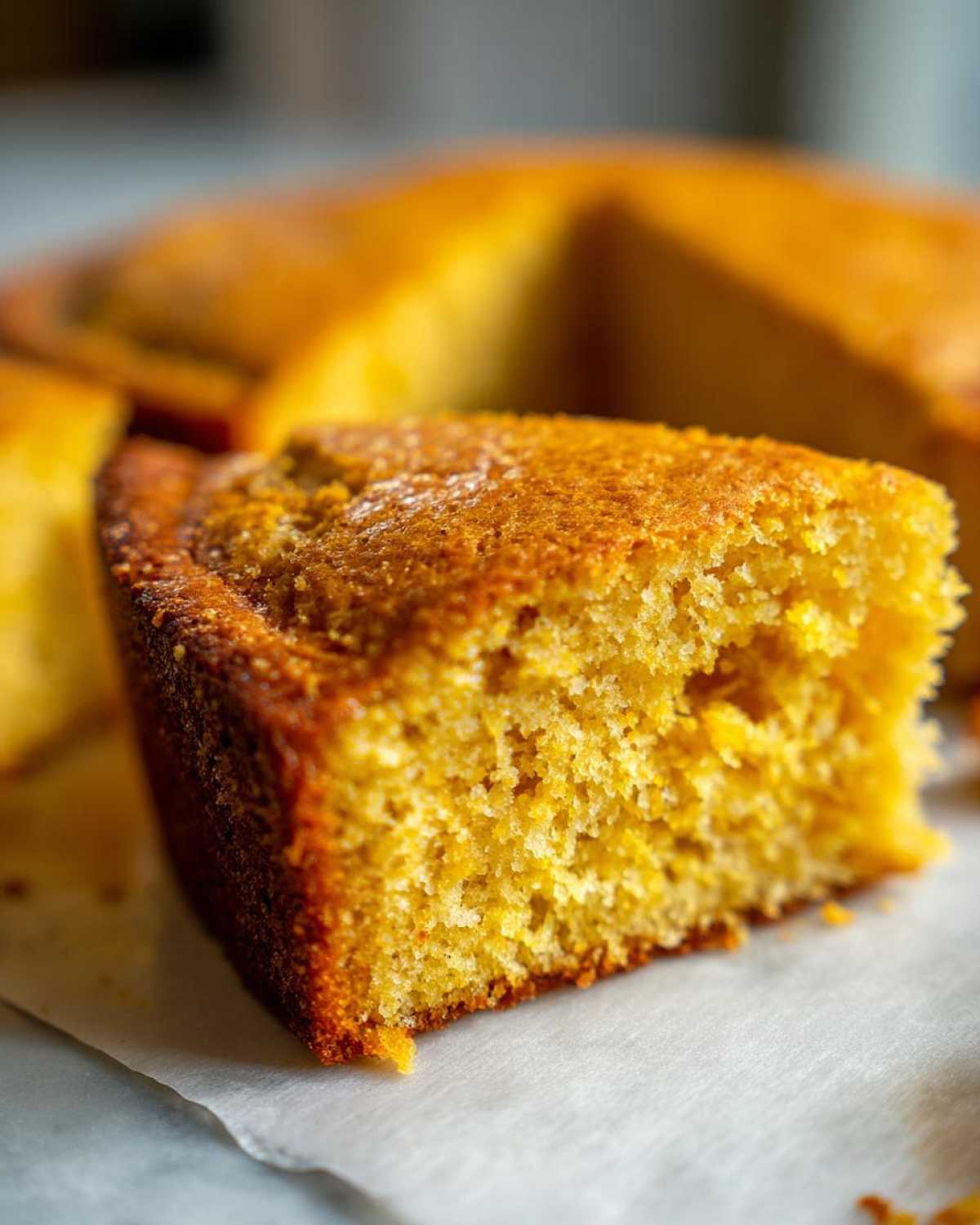 Close-up of a thick, moist slice of golden skillet cornbread showing its crumb texture.