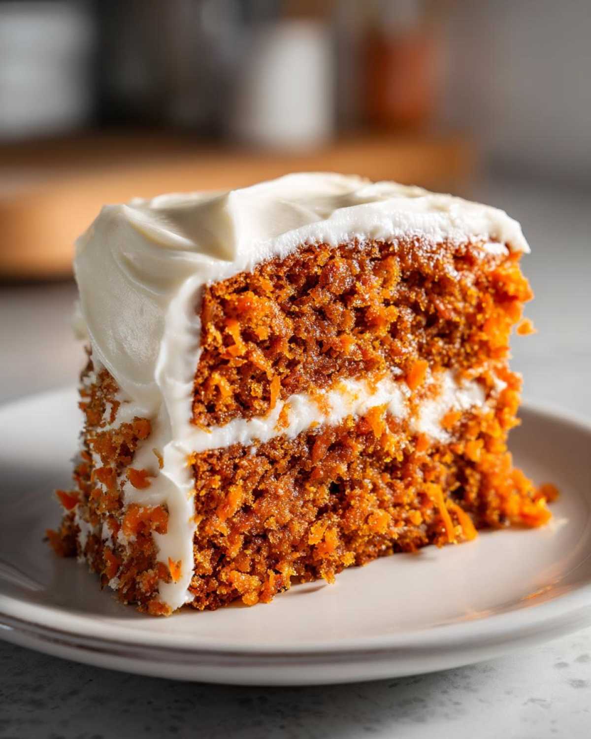 Close-up of a thick, moist slice of carrot cake recipe topped with cream cheese frosting.