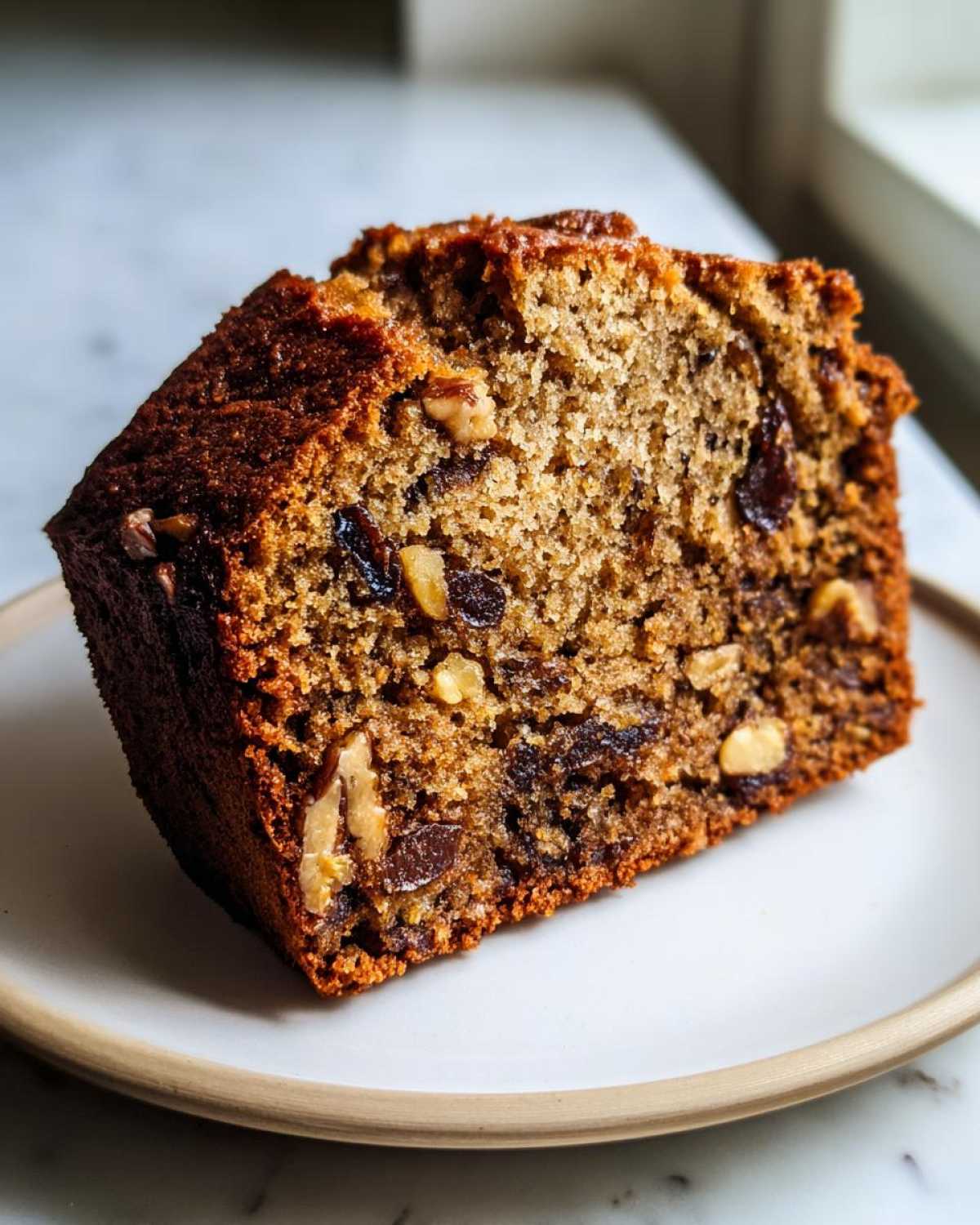 Close-up of a thick, moist slice of date nut bread showing visible walnuts and dates throughout the crumb.
