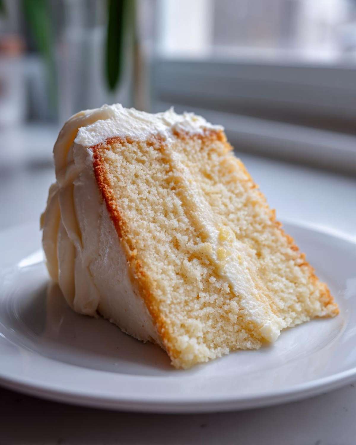 A close-up of a moist slice of vanilla cake recipe layered with white buttercream frosting, sitting on a white plate.