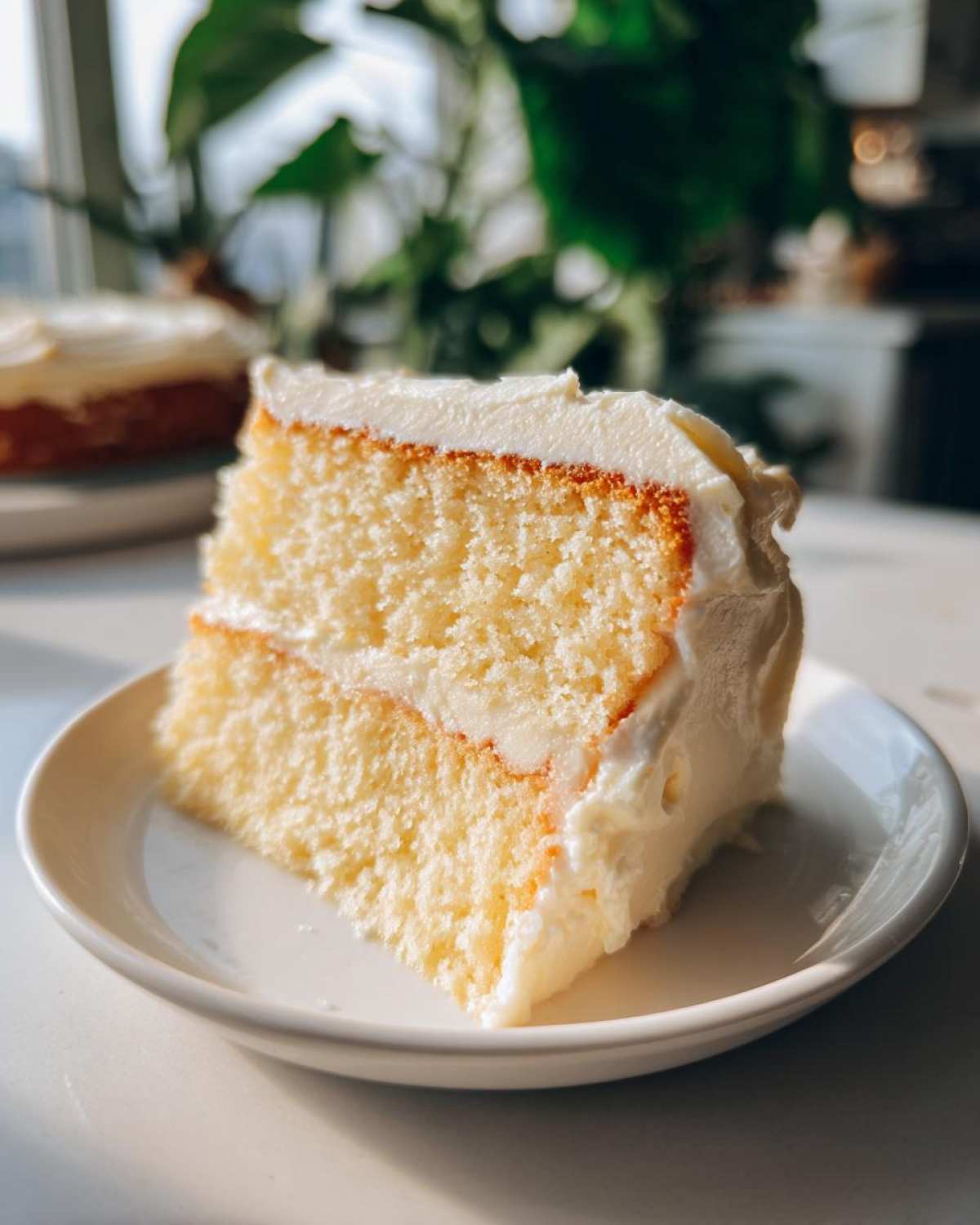 Close-up of a moist slice of vanilla cake recipe with thick white frosting on a small white plate.