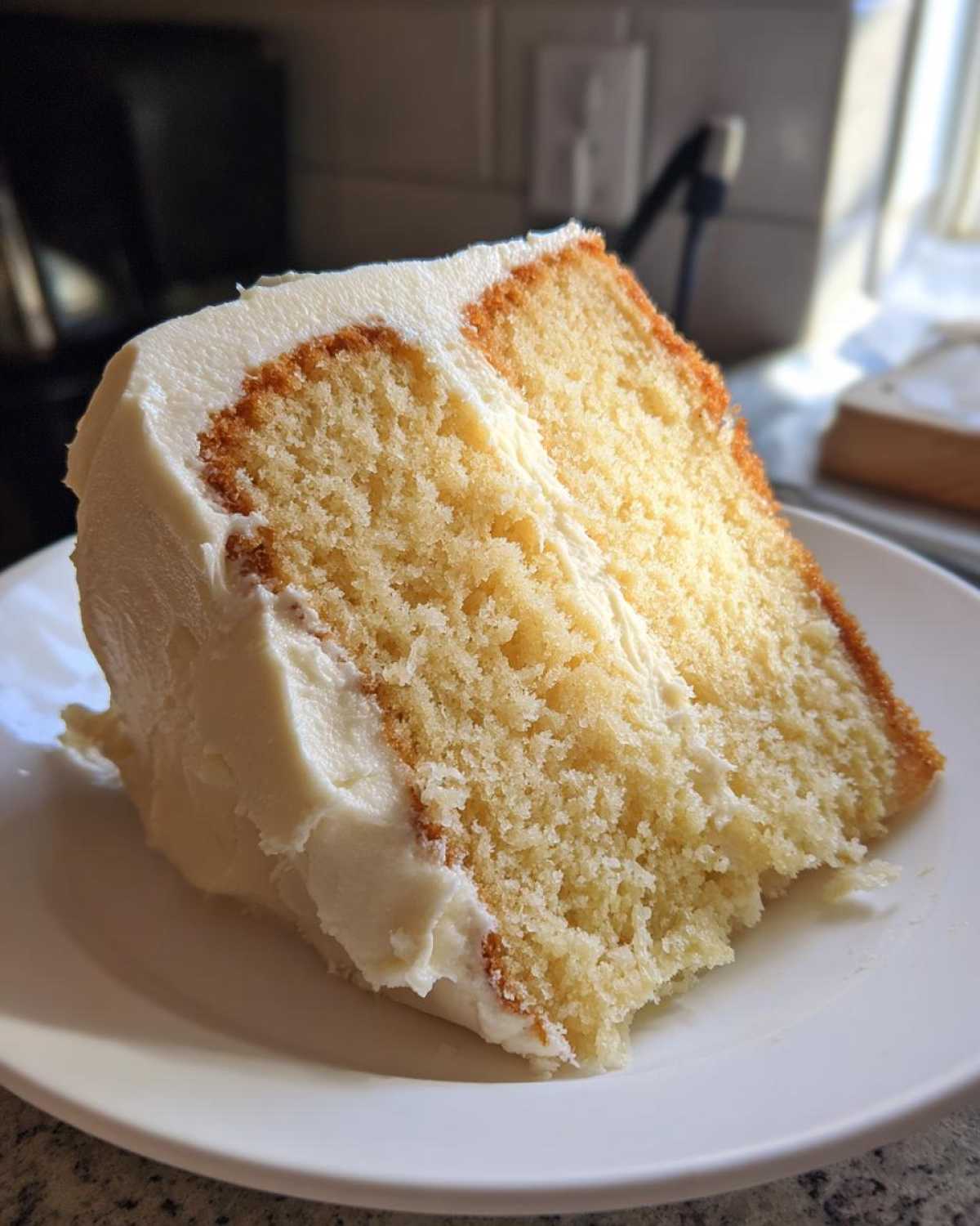 A close-up of a moist slice of vanilla cake recipe layered with white frosting on a white plate.