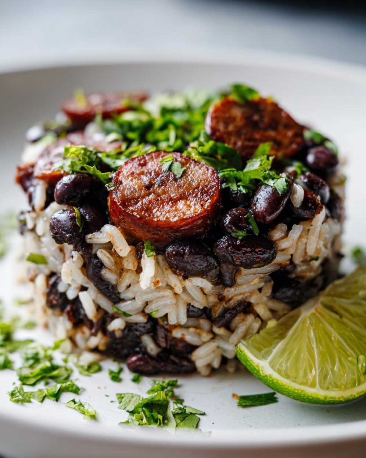 Close-up of a molded serving of black beans and rice topped with sliced, seared sausage and fresh cilantro.