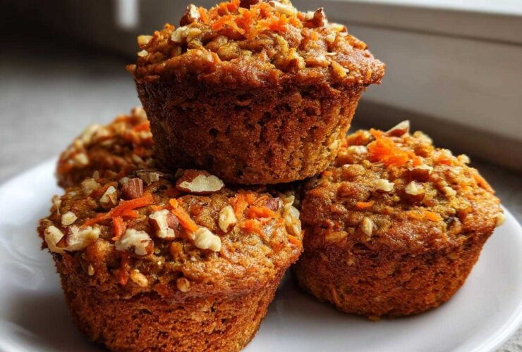A close-up stack of three delicious morning glory muffins topped with shredded carrots and chopped pecans.