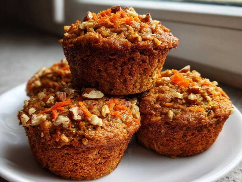 A close-up stack of three delicious morning glory muffins topped with shredded carrots and chopped pecans.