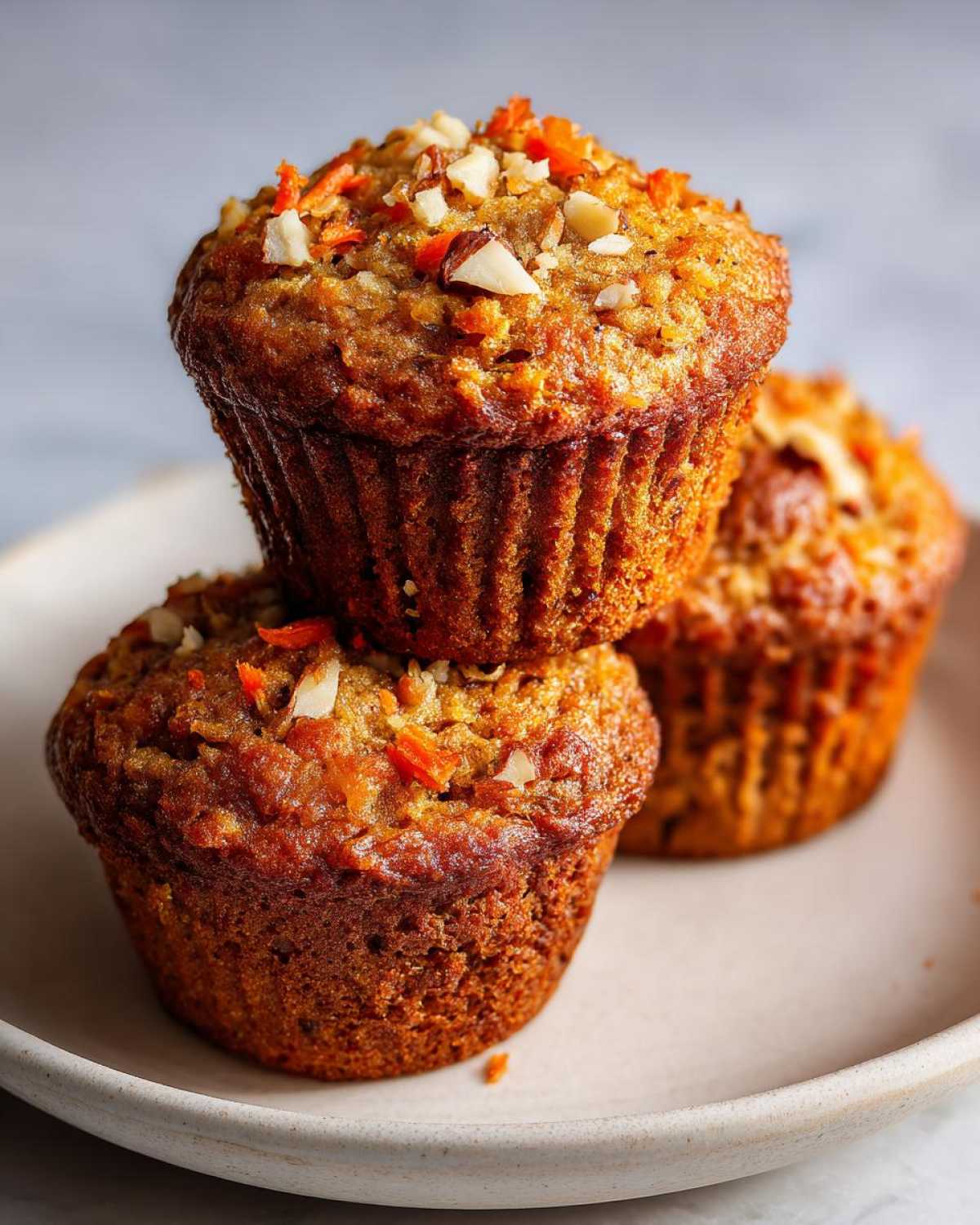 A close-up stack of three golden brown morning glory muffins topped with chopped nuts and visible shredded carrots.