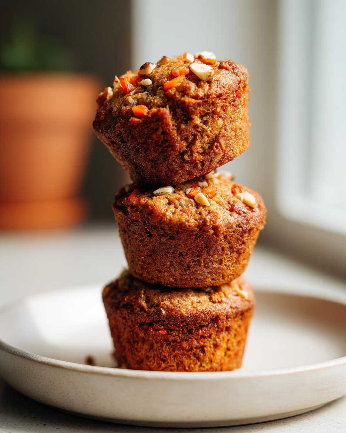 Three freshly baked morning glory muffins stacked vertically on a light ceramic plate.