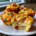 Close-up of delicious muffin tin egg bites topped with melted cheese and chives, one has a bite taken out showing the bacon filling.
