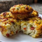 A close-up of several golden muffin tin egg bites, one cut in half showing fluffy interior with peppers and bacon.