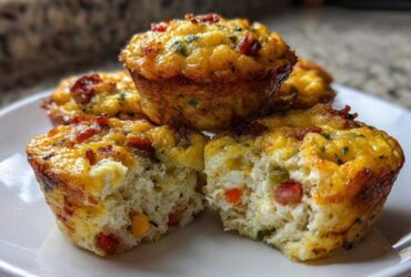A close-up of several golden muffin tin egg bites, one cut in half showing fluffy interior with peppers and bacon.