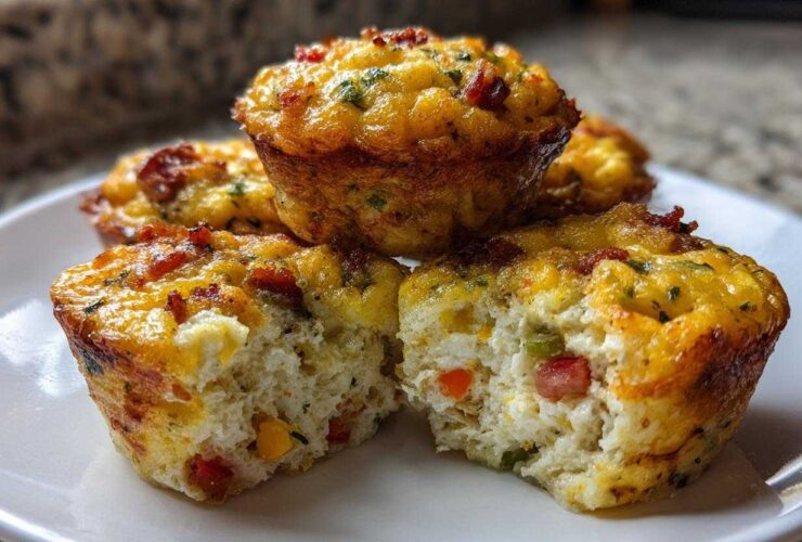 A close-up of several golden muffin tin egg bites, one cut in half showing fluffy interior with peppers and bacon.