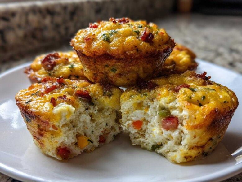 A close-up of several golden muffin tin egg bites, one cut in half showing fluffy interior with peppers and bacon.