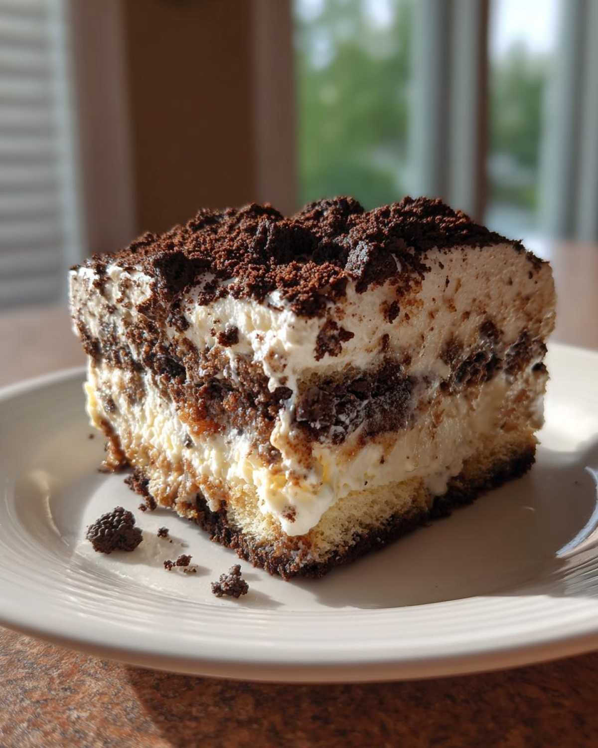 A square slice of no-bake dirt cake featuring layers of cream filling and crushed chocolate cookies on a white plate.