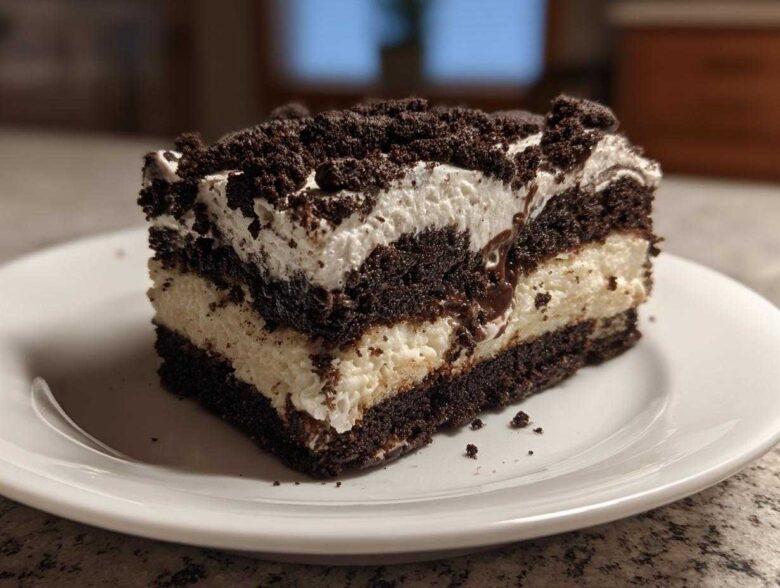 A decadent slice of no-bake dirt cake featuring alternating layers of dark chocolate cookie crumbs and creamy white filling.