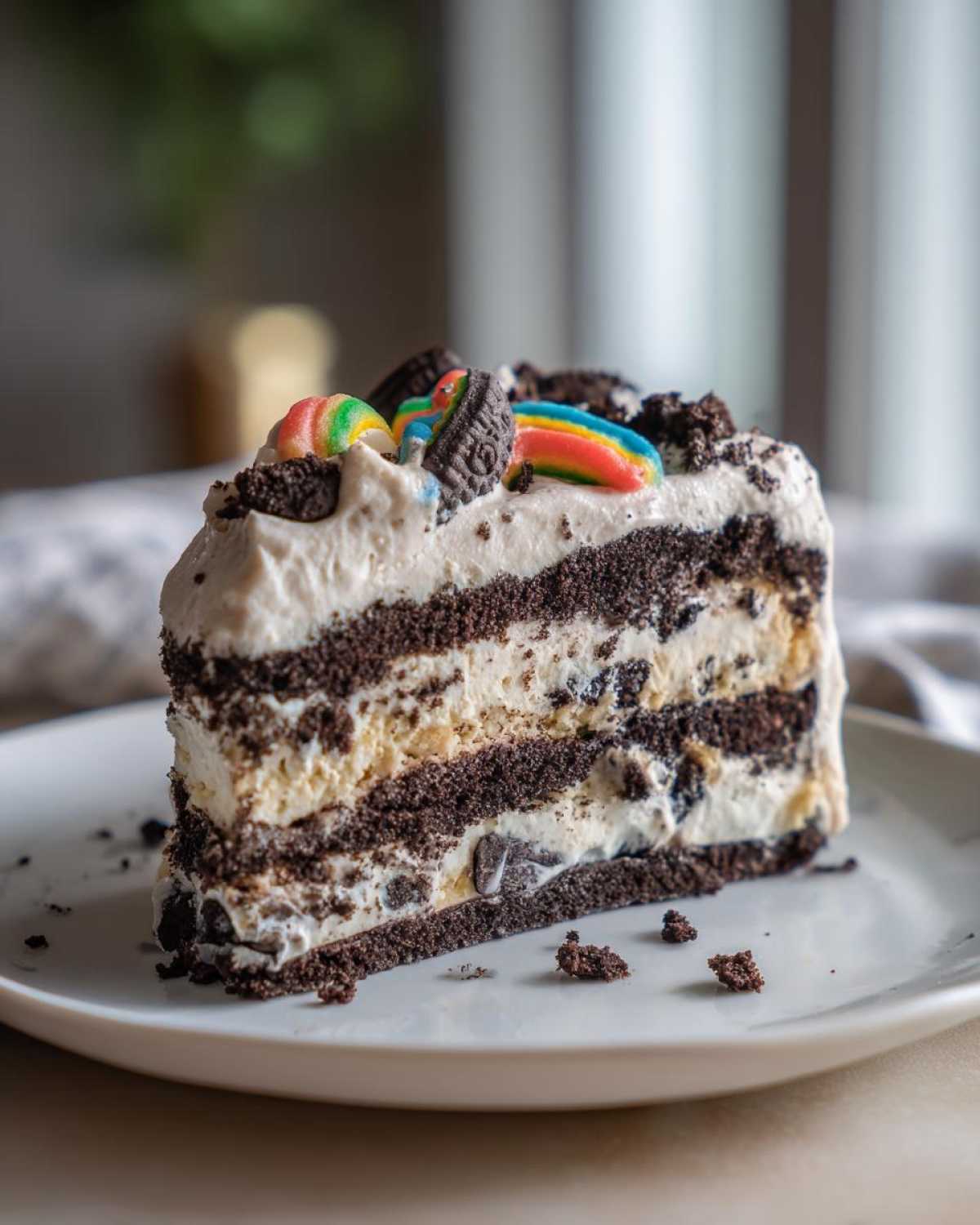A tall slice of layered no-bake dirt cake featuring chocolate cookie layers and cream filling, topped with rainbow candies.