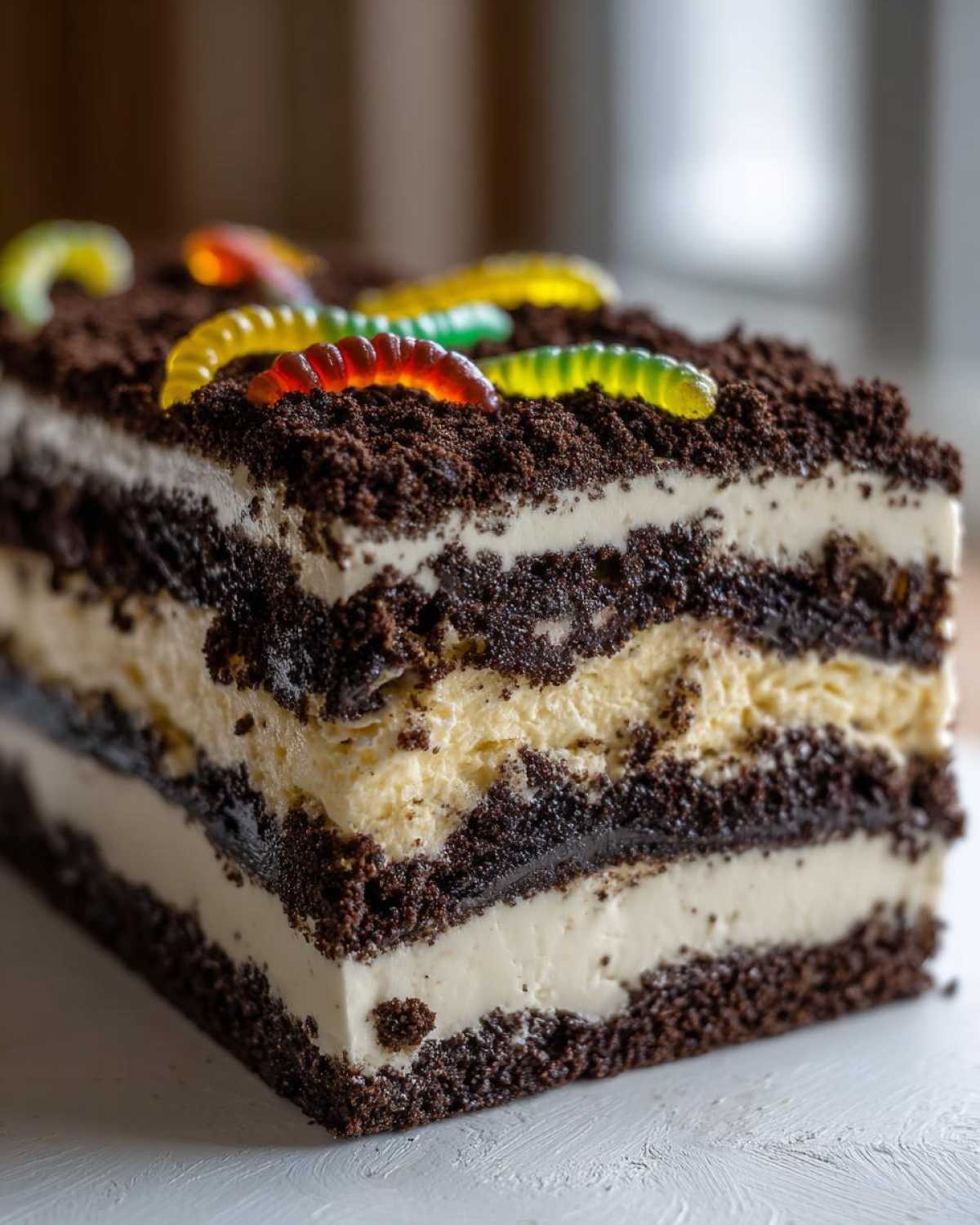 Cross-section of a layered no-bake dirt cake showing chocolate cookie crumbs, cream filling, and gummy worms on top.