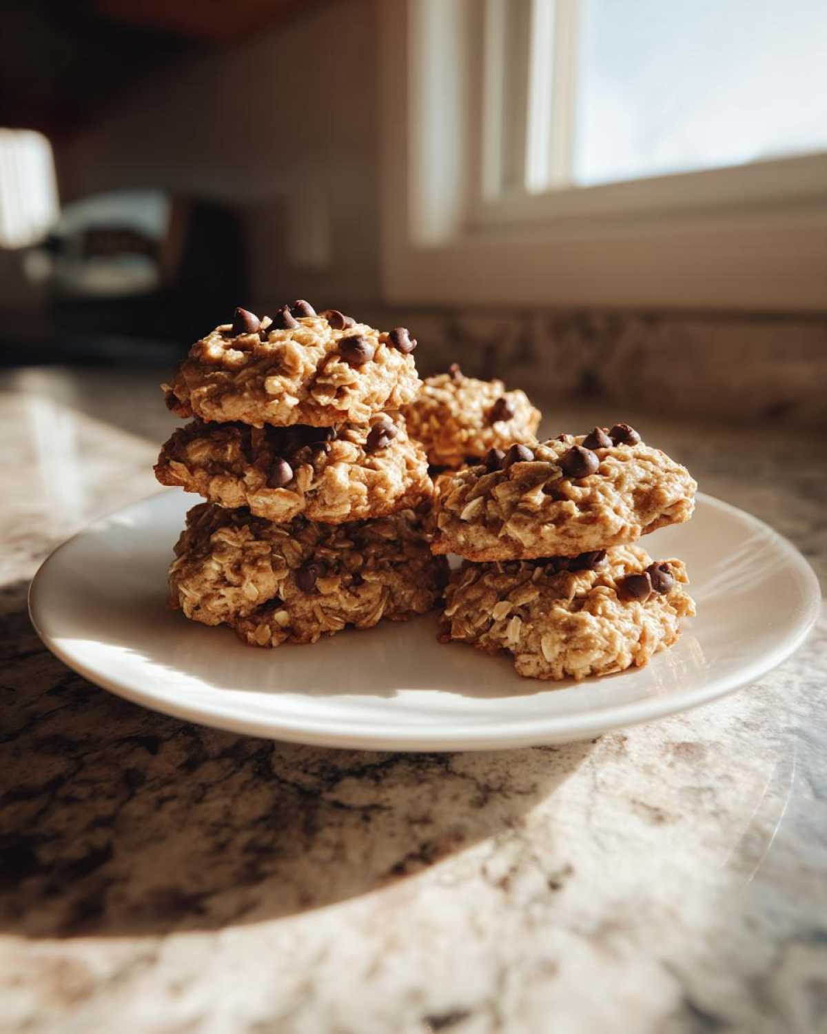 A stack of homemade oatmeal chocolate chip breakfast cookie resting on a white plate in bright sunlight.
