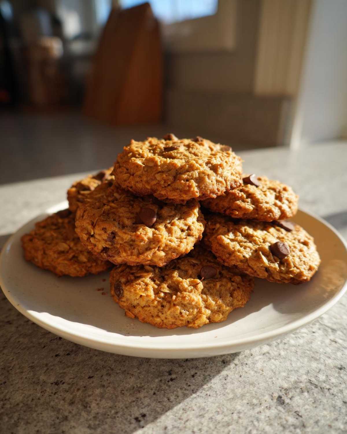 A stack of freshly baked oatmeal chocolate chip breakfast cookie piled high on a light ceramic plate.