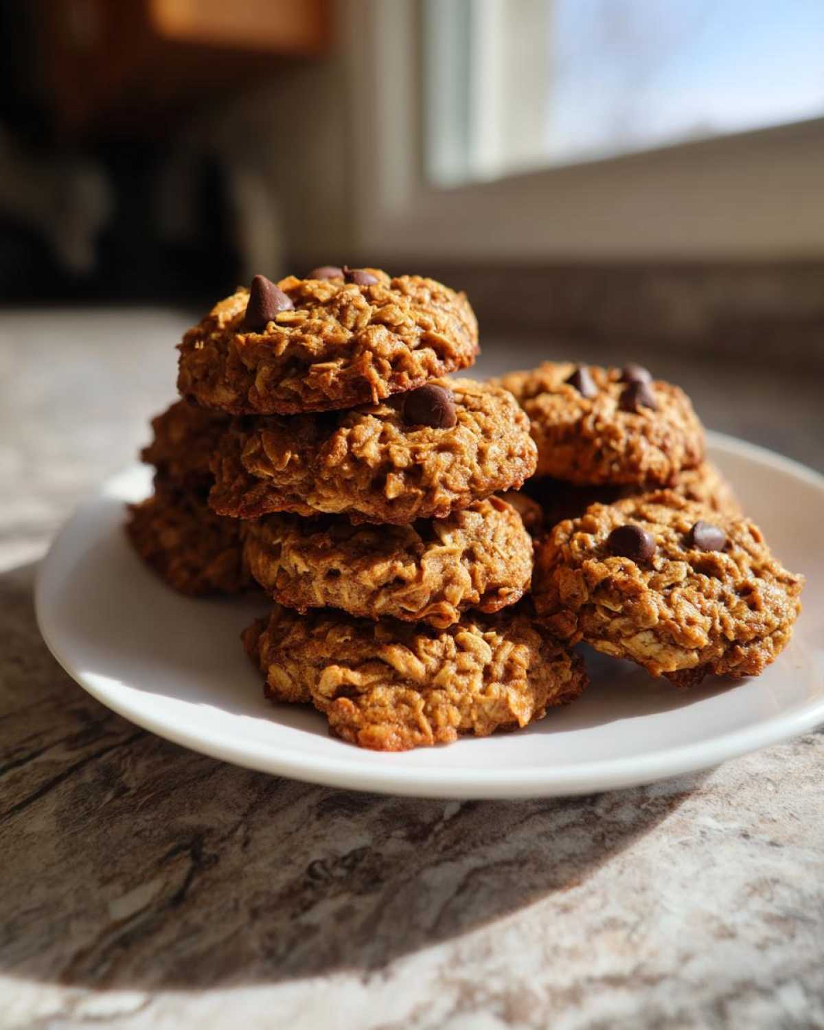 A stack of golden brown oatmeal chocolate chip breakfast cookie on a white plate, backlit by sunlight.