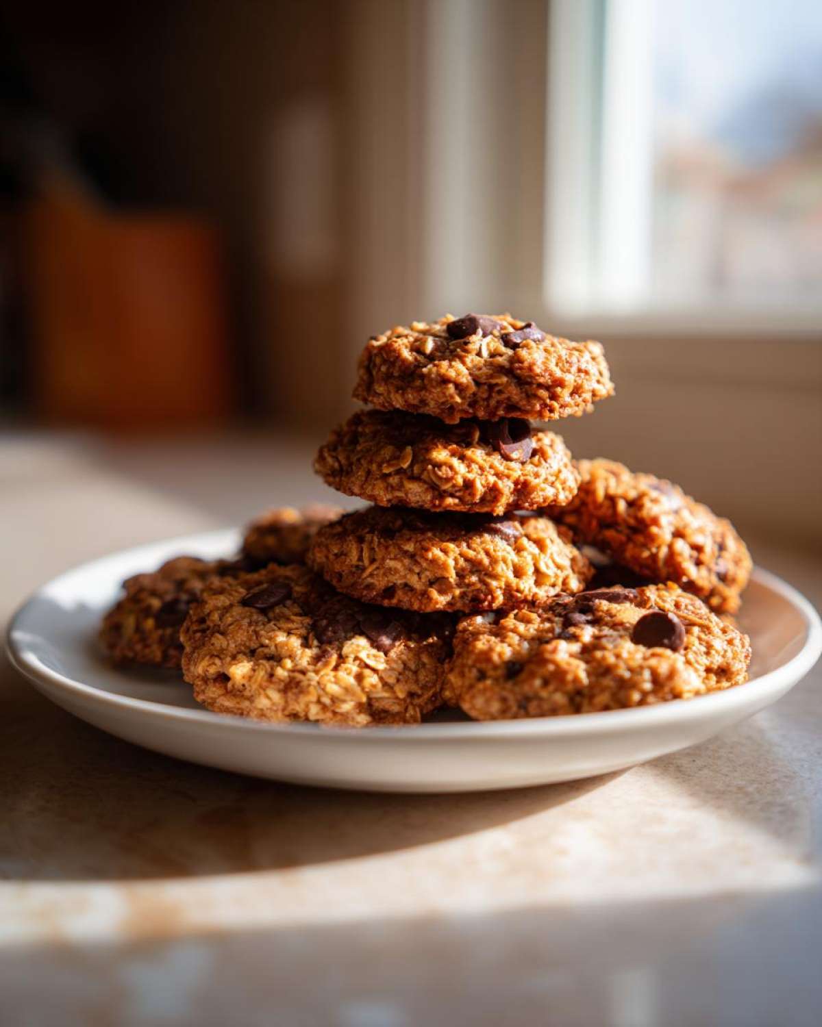 A stack of freshly baked, oatmeal chocolate chip breakfast cookie treats on a white plate.