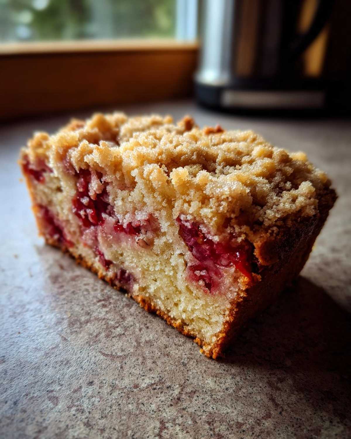 A close-up shot of a moist slice of plum cake featuring bright red fruit pieces and a thick, sugary crumb topping.