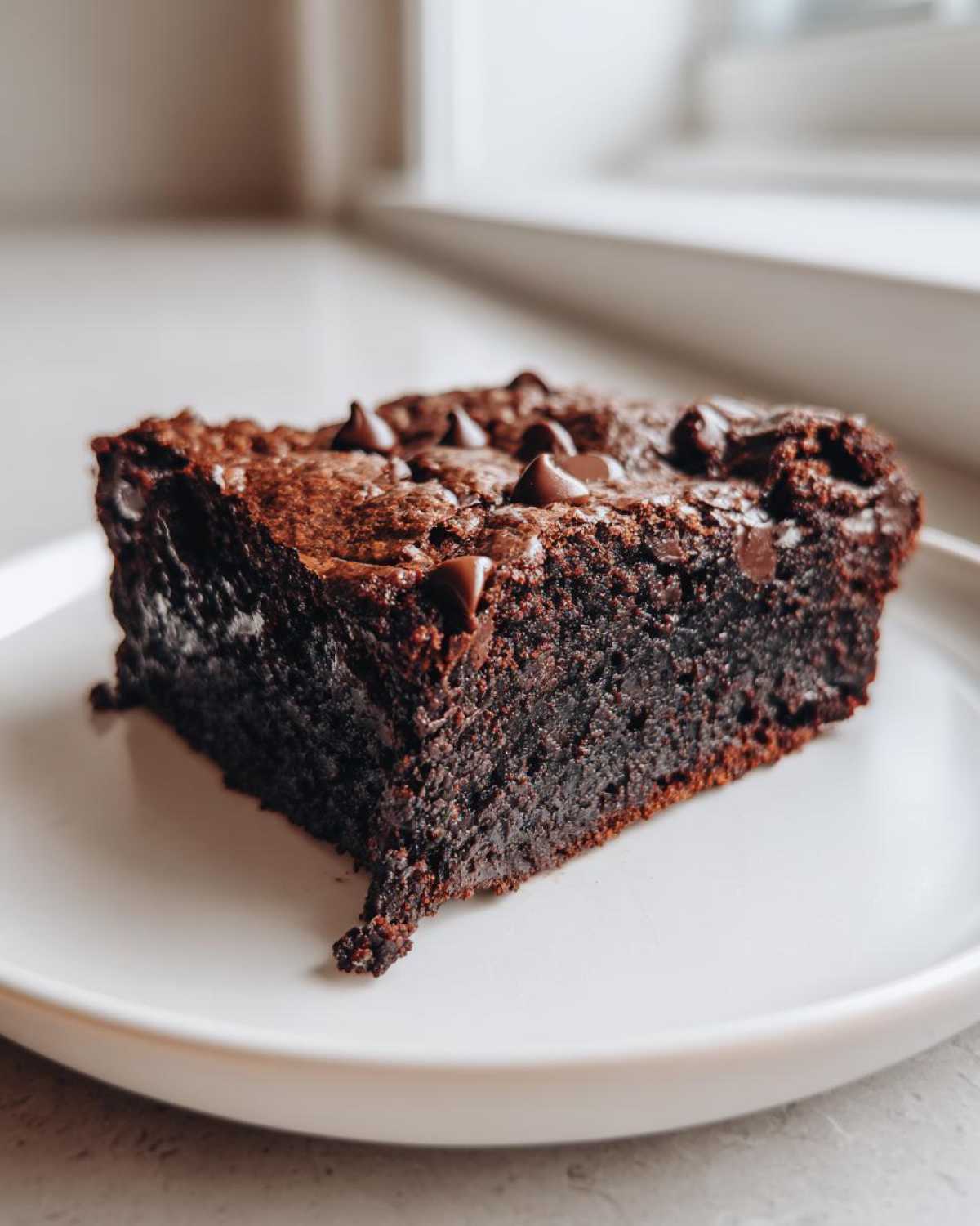 A close-up of a fudgy, dark chocolate sweet potato brownies slice topped with chocolate chips on a white plate.