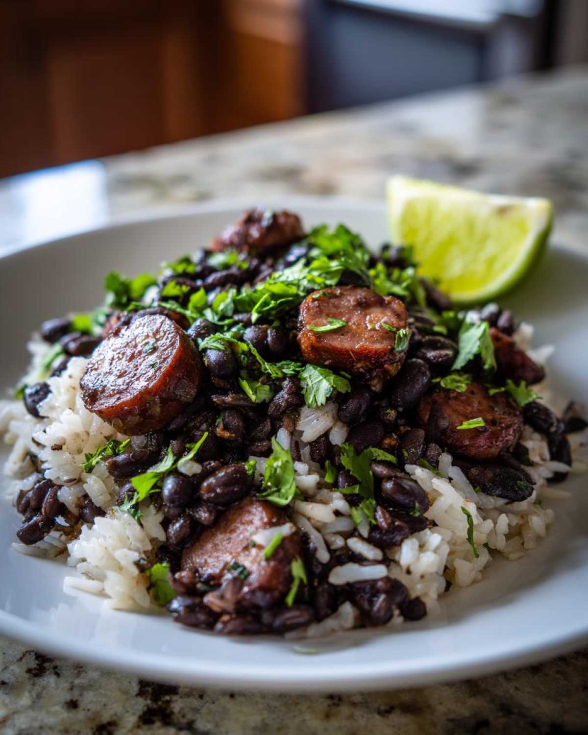 A close-up of a serving of black beans and rice topped with sliced sausage and fresh cilantro, with a lime wedge on the side.