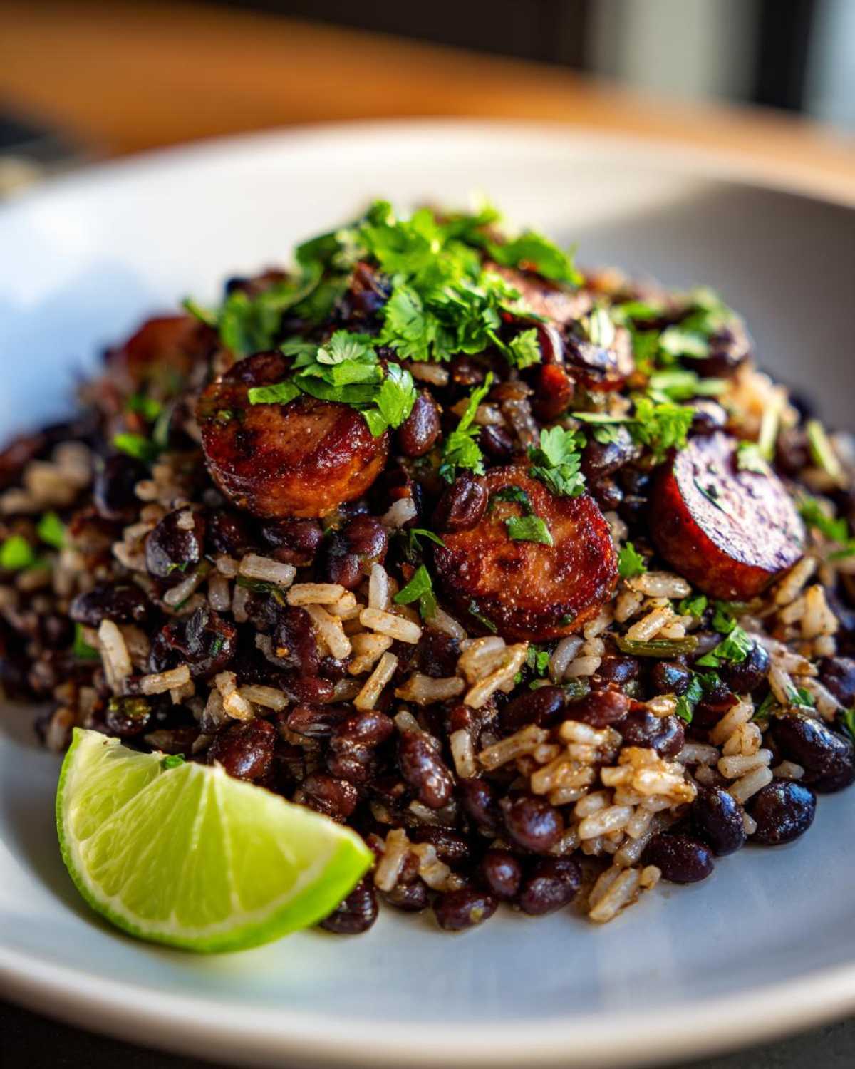 A close-up of a hearty serving of black beans and rice topped with sliced sausage and fresh cilantro, with a lime wedge.