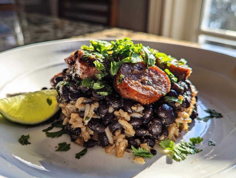 A close-up serving of 1-Pot black beans and rice topped with sliced sausage and fresh cilantro, with a lime wedge on the side.