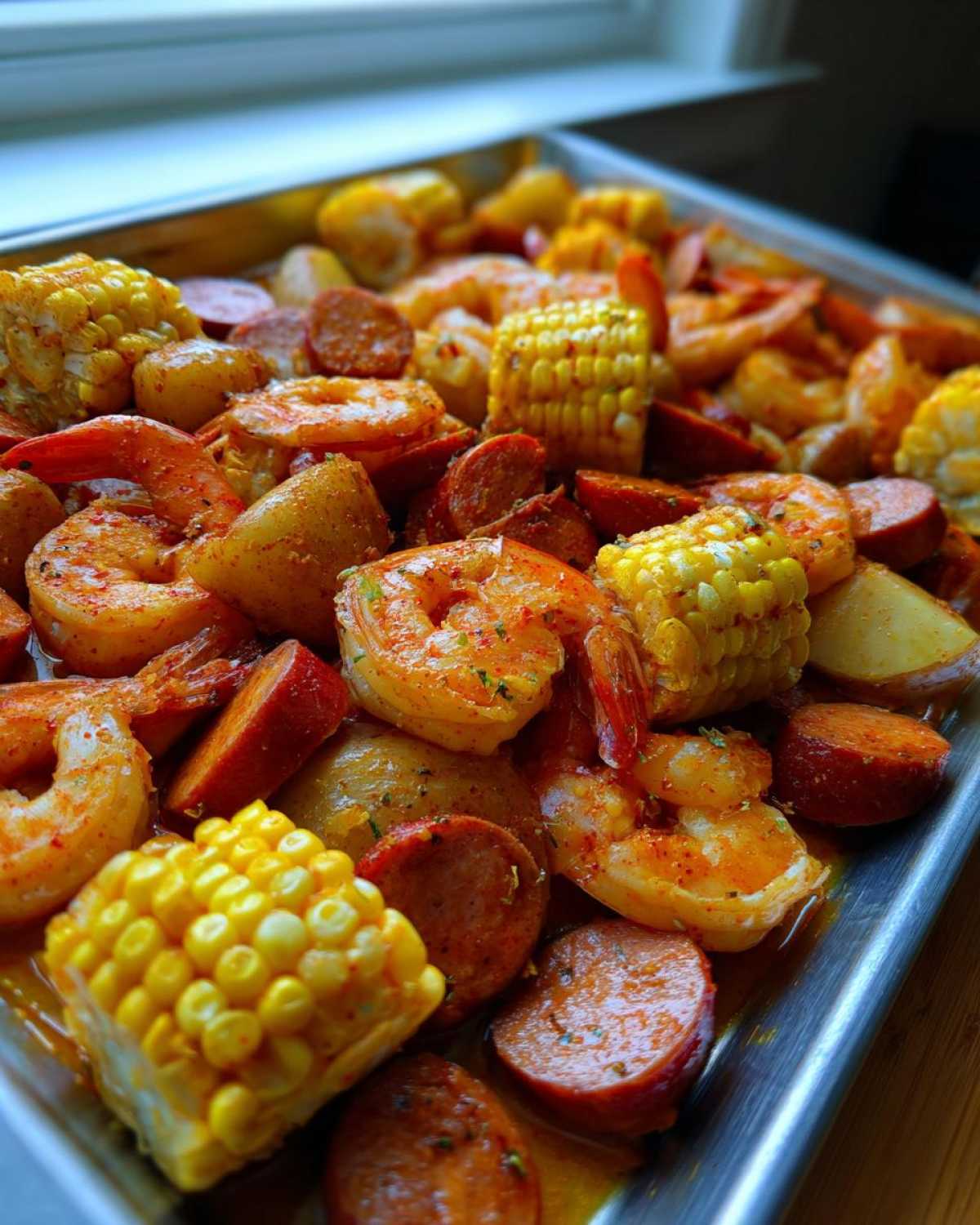 Close-up of cooked shrimp, corn on the cob pieces, and sliced sausage from an oven shrimp boil on a metal tray.