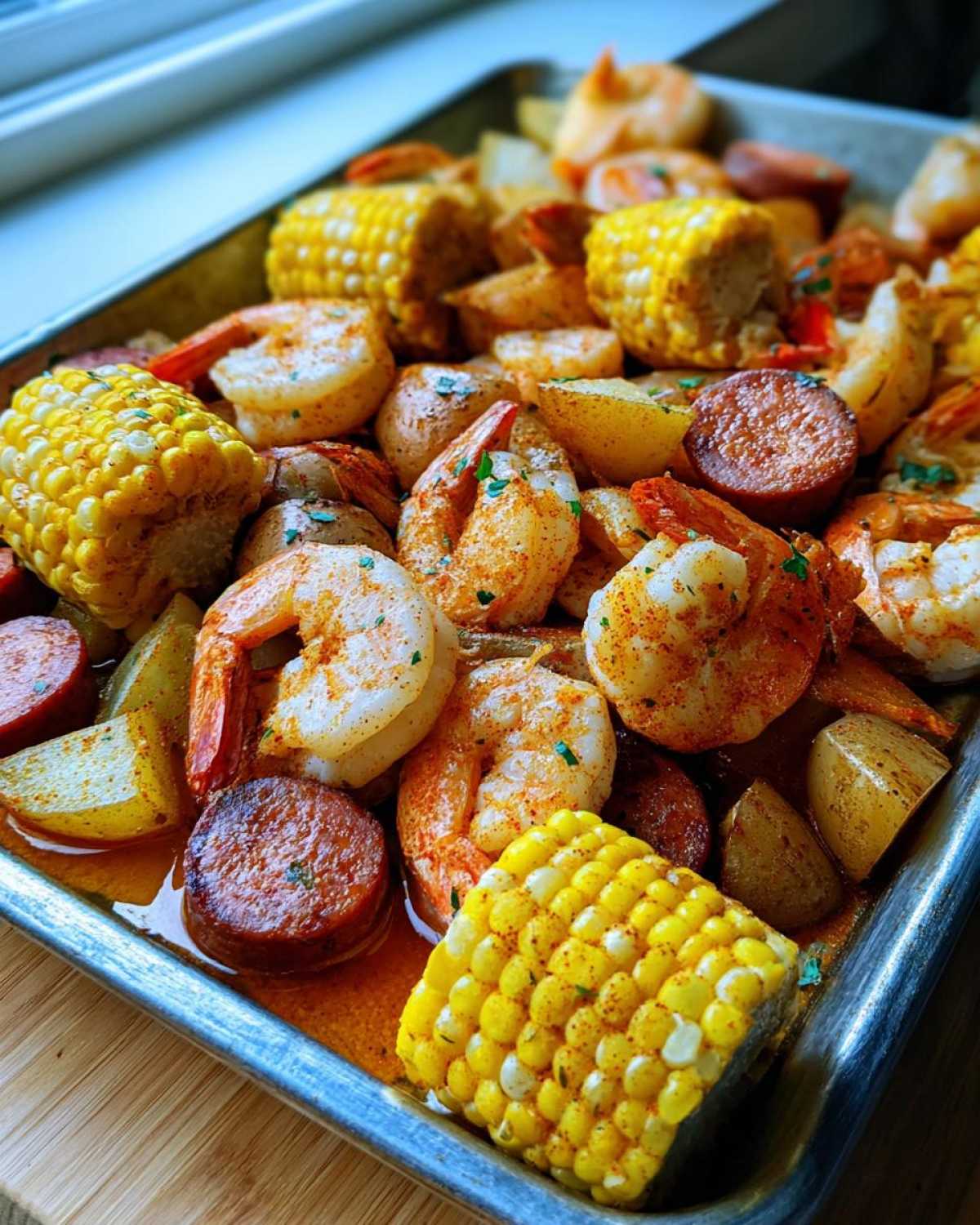 Close-up of a sheet pan featuring seasoned shrimp boil ingredients: shrimp, corn on the cob pieces, potatoes, and sausage slices.