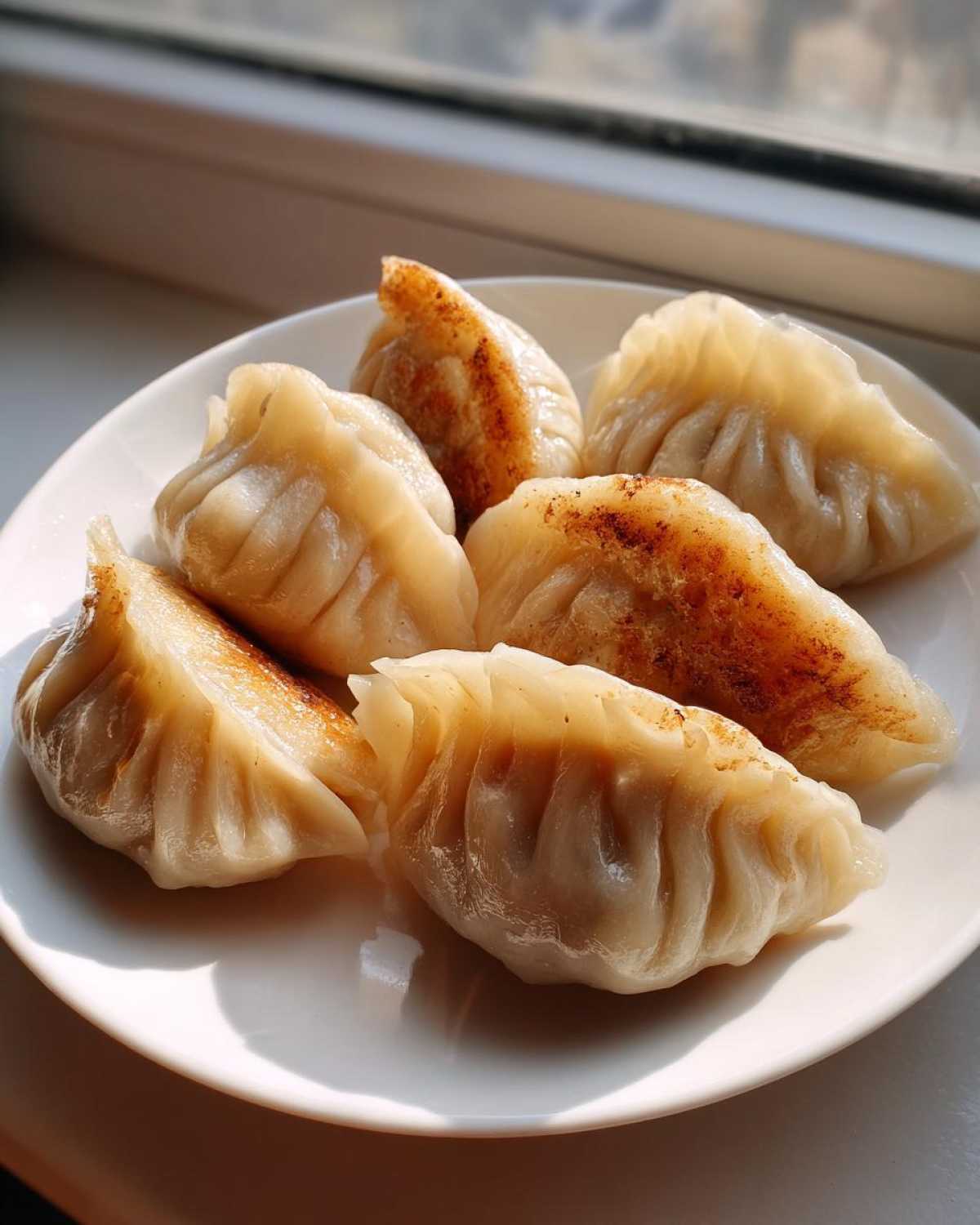 A plate of perfectly pan-fried Traditional Chinese Dumplings with golden-brown bottoms, illuminated by natural light.