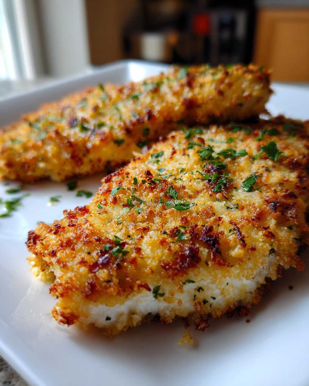 Close-up of two juicy parmesan crusted chicken fillets, golden brown and topped with fresh parsley.