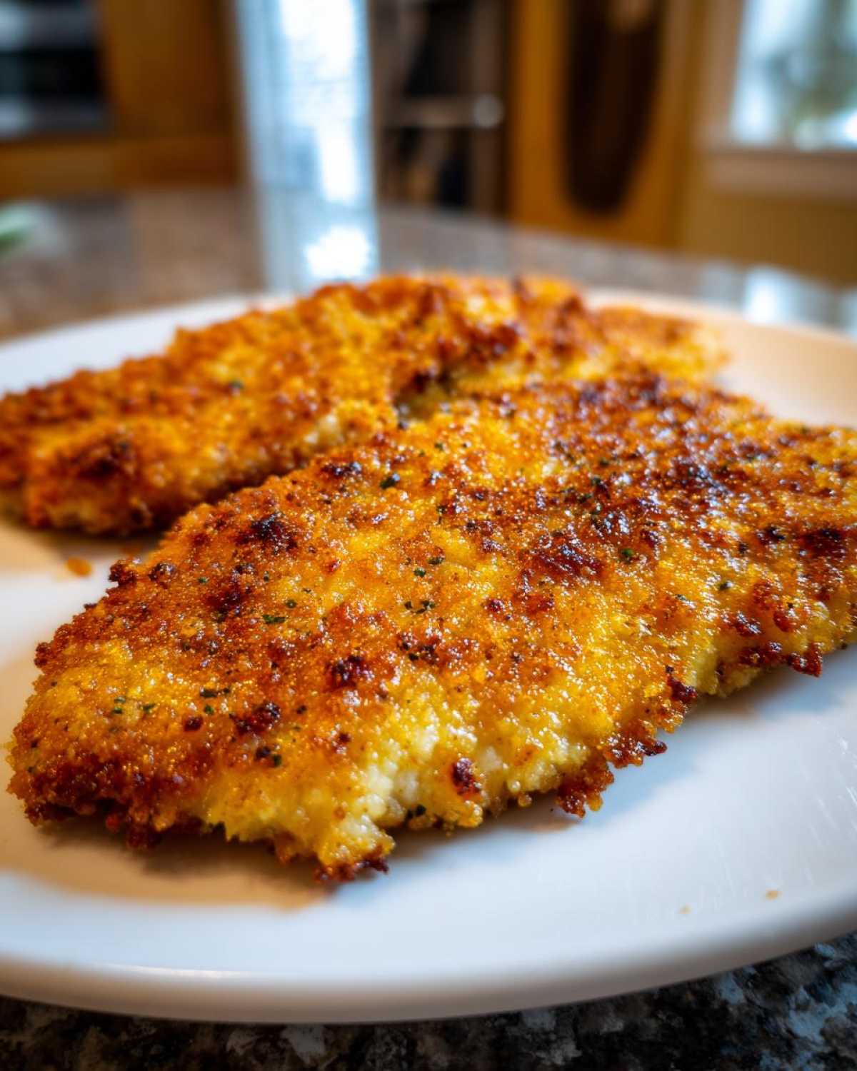 Two crispy, golden brown parmesan crusted chicken fillets served on a white plate.