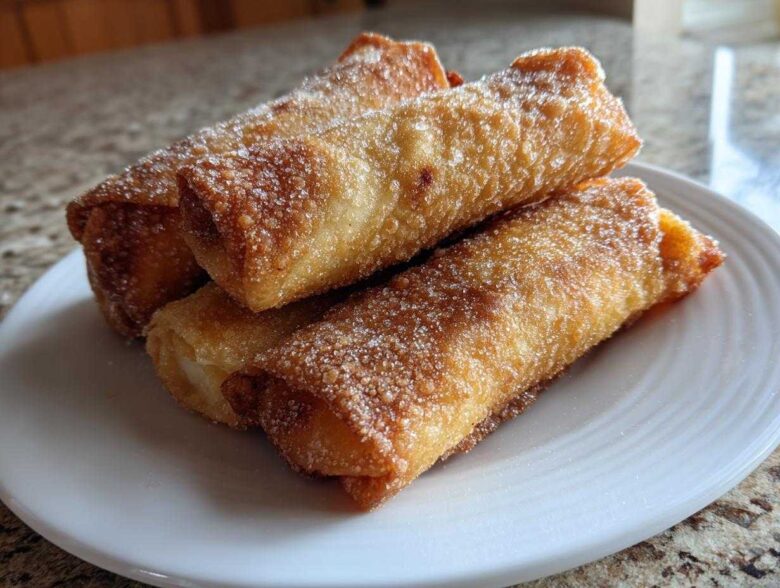 Four golden brown peach cobbler egg rolls dusted generously with cinnamon sugar on a white plate.
