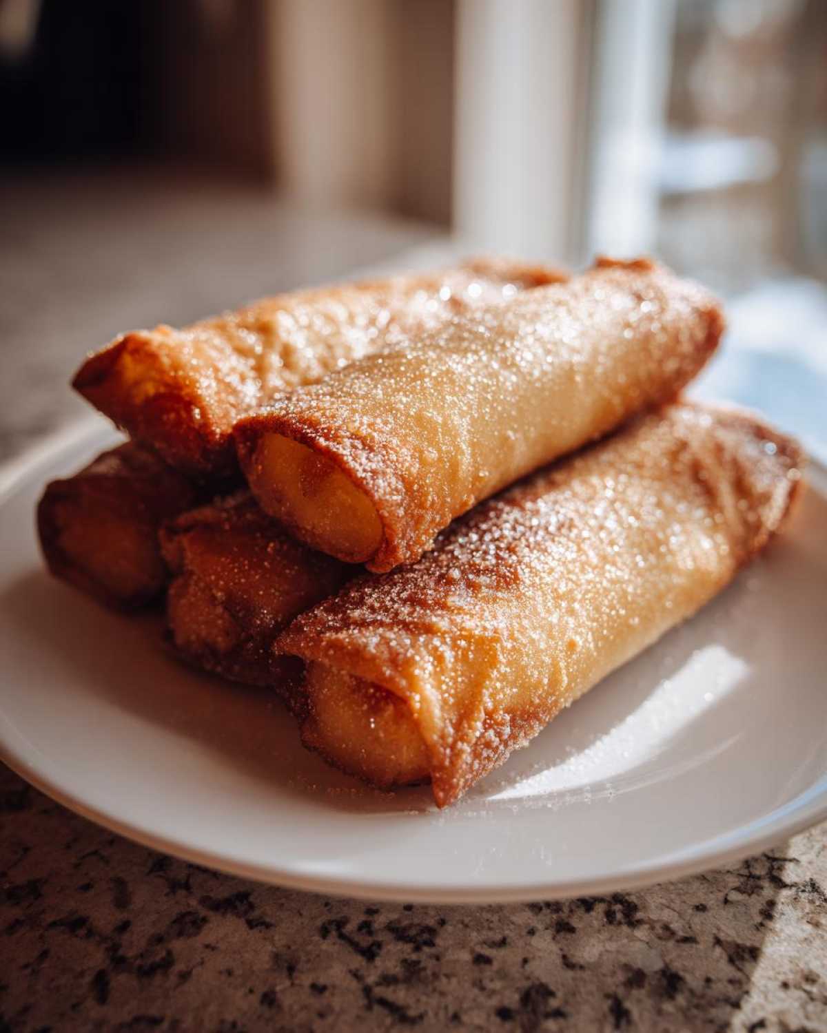 A stack of golden brown, crispy peach cobbler egg rolls sprinkled with powdered sugar on a white plate.