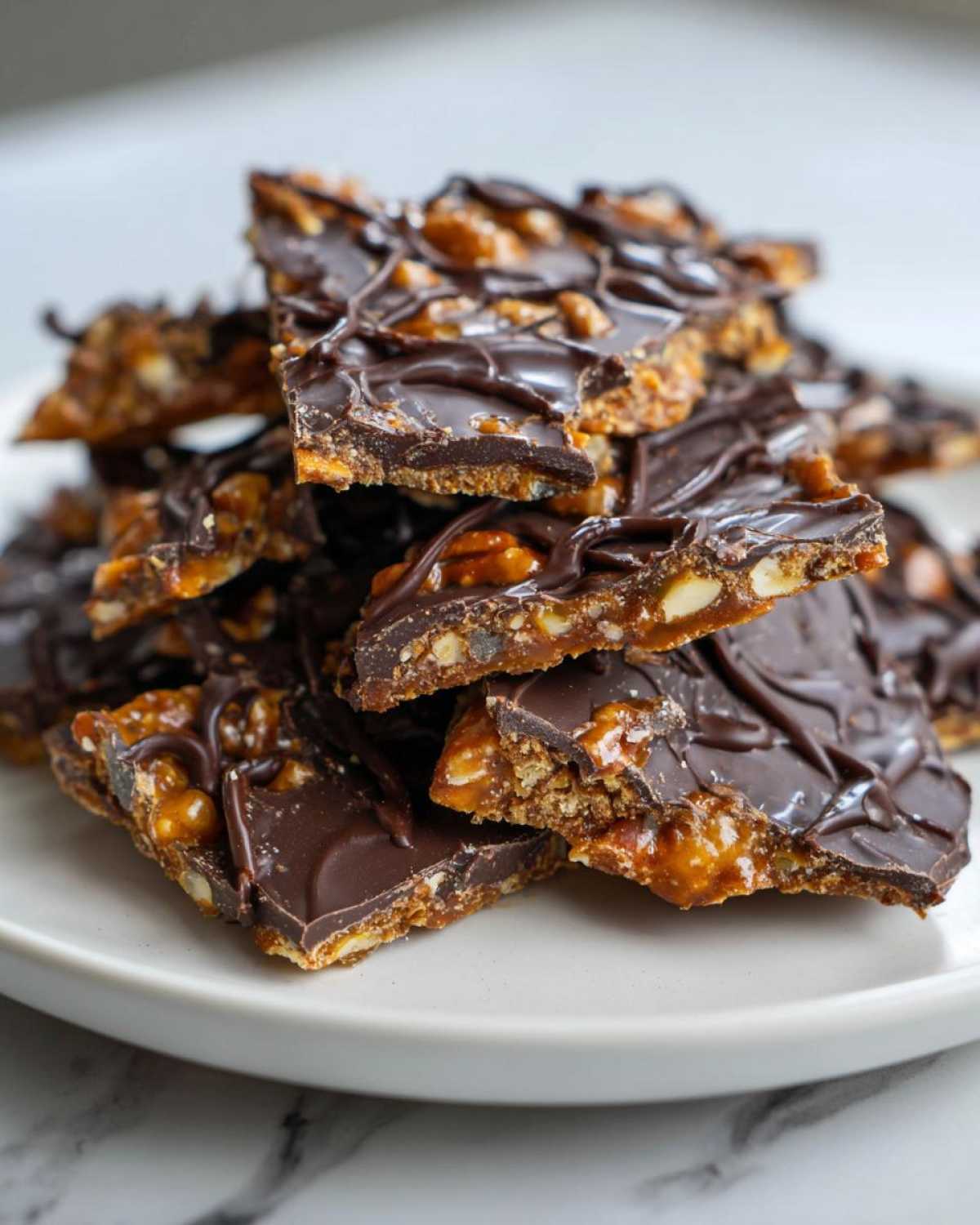A stack of broken pieces of rich Pecan Pie Bark topped with dark chocolate drizzle on a white plate.