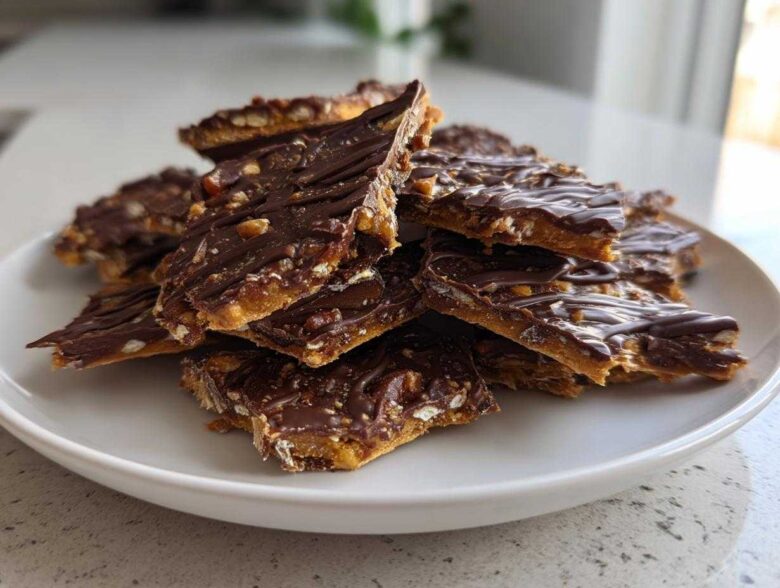 A stack of broken pieces of homemade Pecan Pie Bark topped with drizzled chocolate and nuts, served on a white plate.