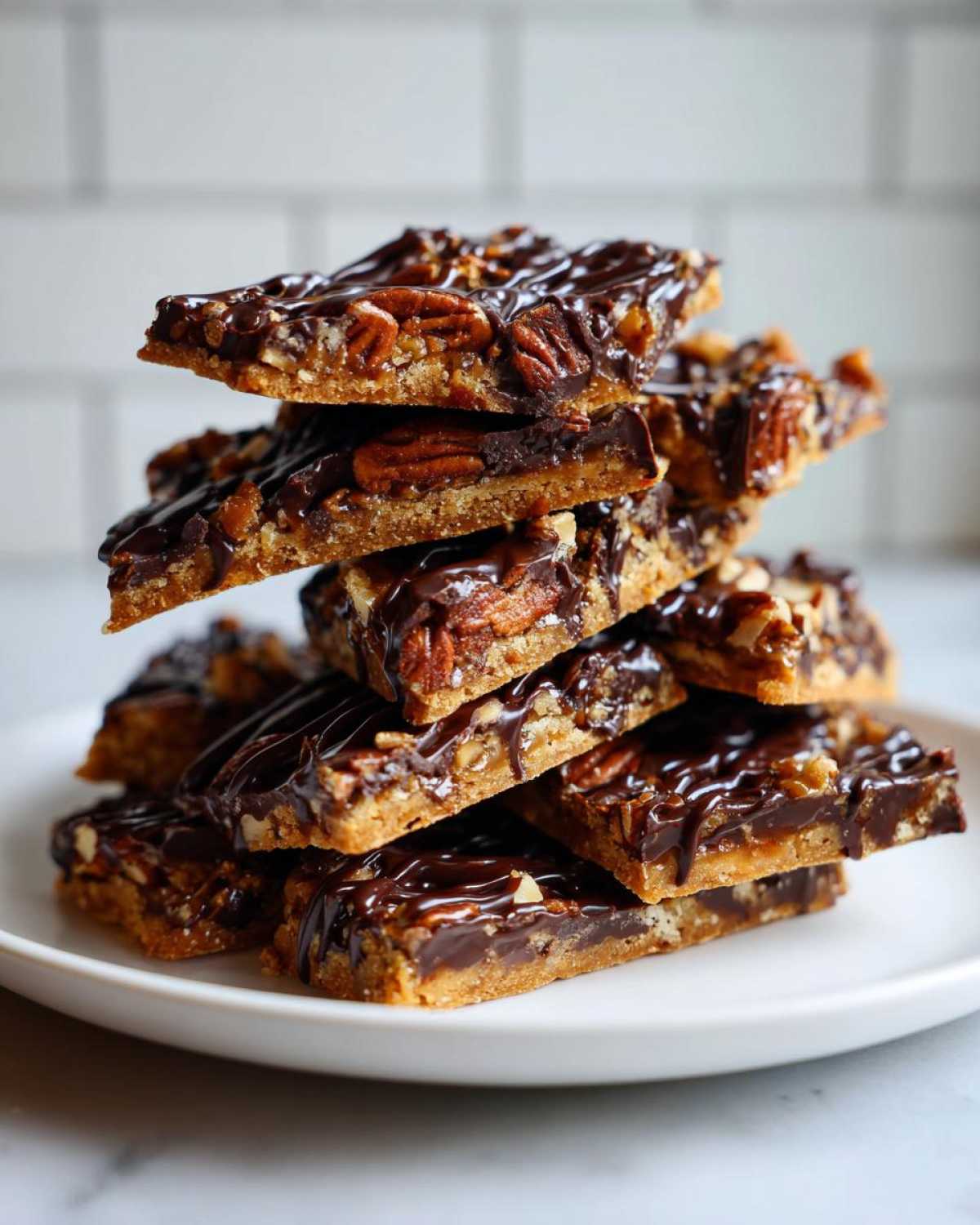A tall stack of rich Pecan Pie Bark squares drizzled with dark chocolate on a white plate.