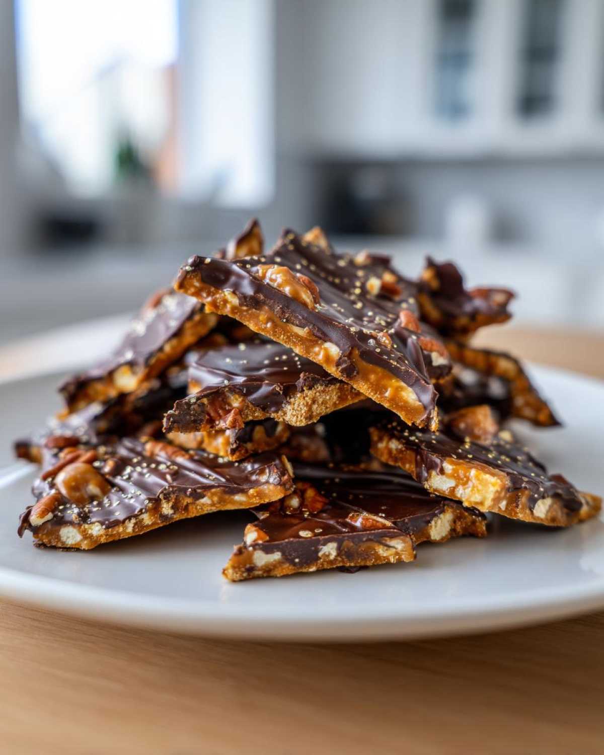A stack of broken pieces of rich Pecan Pie Bark topped with dark chocolate and pecans on a white plate.