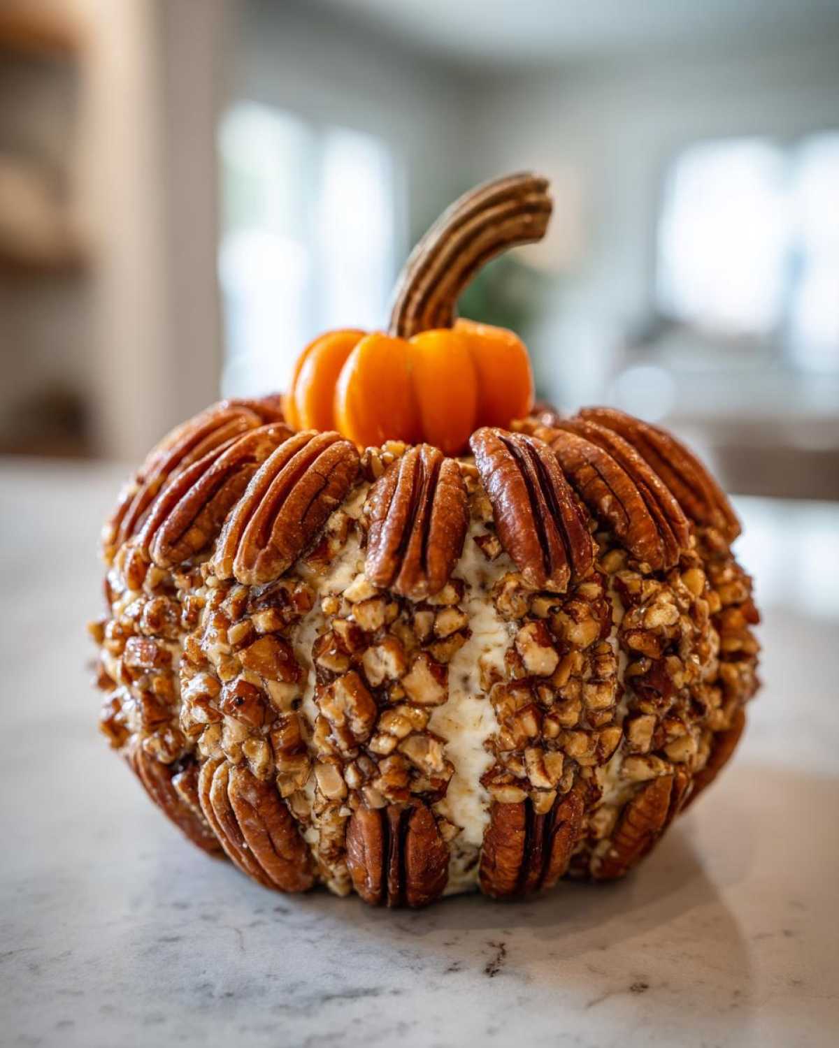 A festive pumpkin cheese ball coated in pecans and shaped like a small pumpkin, complete with a real stem and small decorative pumpkin top.